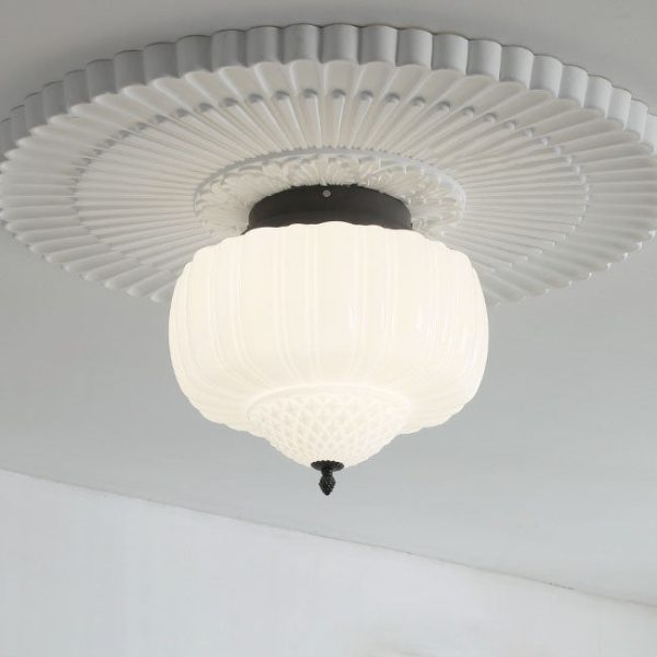 Modern Art Deco Iron Pumpkin Glass Shade 3-Light Flush Mount Ceiling Light For Living Room - Image 4
