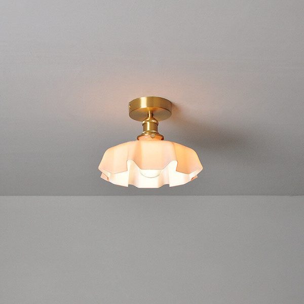 Japanese Vintage Cream Glass Floral Brass 1-Light Semi-Flush Mount Ceiling Light - Image 18