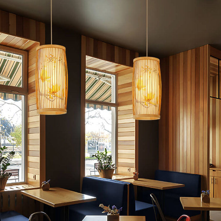 06-453f6a74-b5f6-4b20-8614-f48494ea862e.jpg Modern Chinese Cylinder Waist Drum Bamboo Weaving 1-Light Pendant Light - Image 1