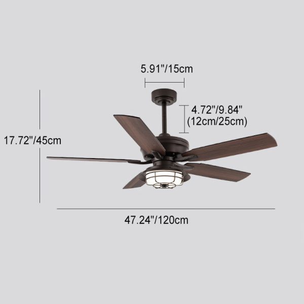 Contemporary Industrial Waterproof Wood Fan Blade Round Iron Frame Shade LED Downrods Ceiling Fan Light For Outdoor Patio - Image 5