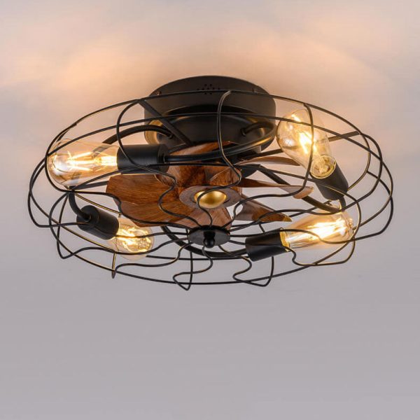 Industrial Vintage Wood Grain Drum Cage Design 3-Light Flush Mount Ceiling Fan Light - Image 4
