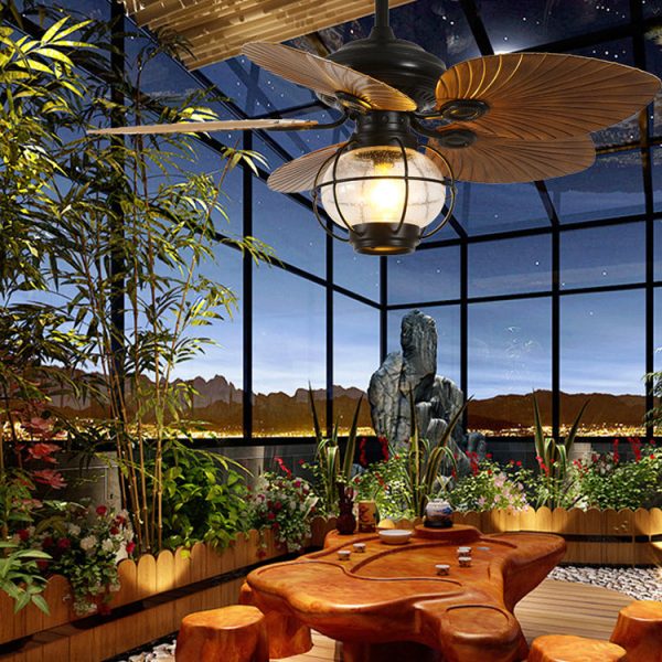 Traditional Rustic Lantern Banana Shaped Fan Leaf Iron Glass 1-Light Downrods Ceiling Fan Light For Outdoor Patio - Image 2