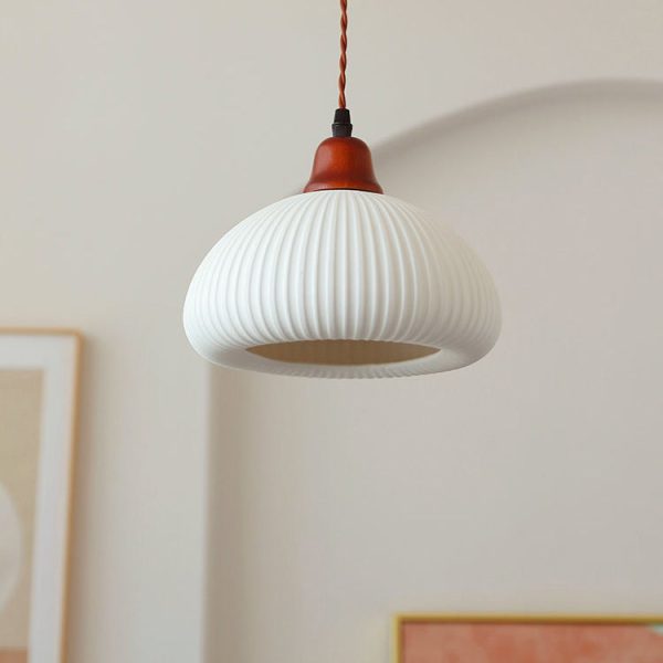 Japanese Vintage Pleated Ceramic Round Dome Wood 1-Light Pendant Light - Image 6