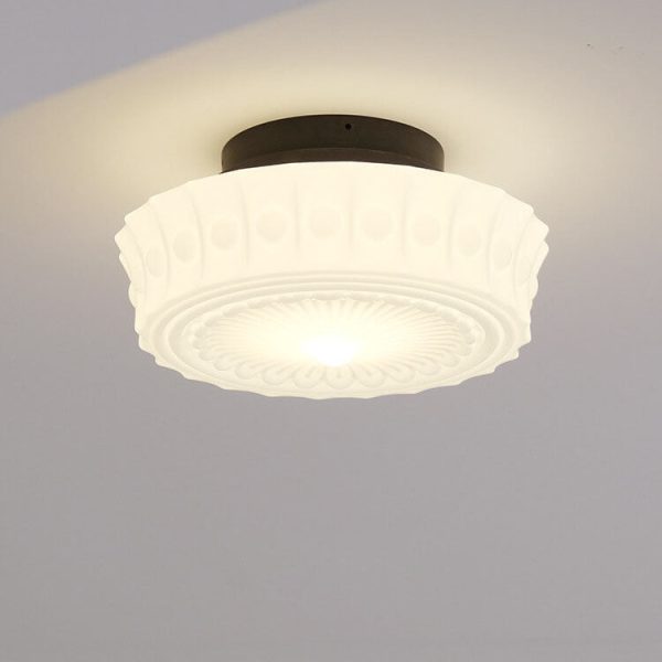 French Vintage White Jade Glass Stripes Round Drum LED Semi-Flush Mount Ceiling Light - Image 3