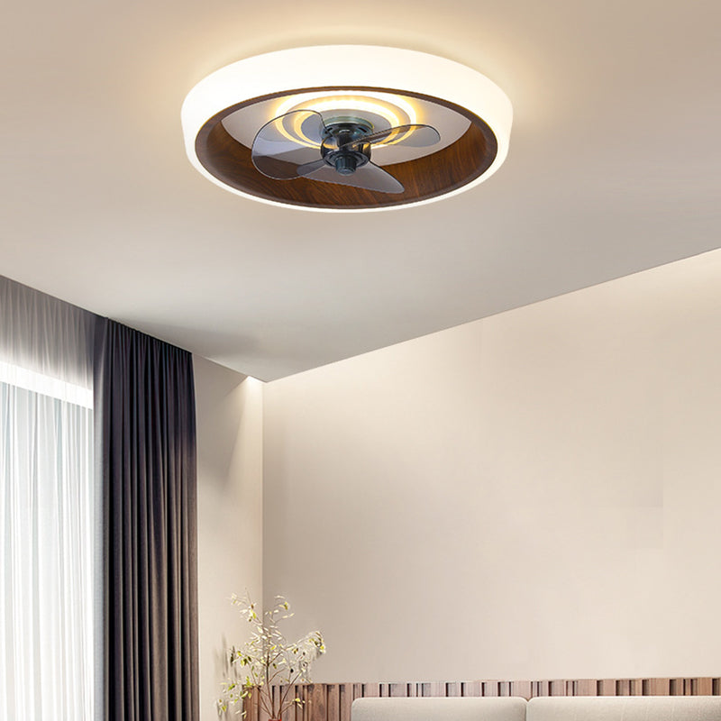 06-928e0e9e-4ff4-4ca8-b212-e8a68fbf7f8e.jpg Modern Minimalist Round Wood Grain Aluminum Acrylic LED Flush Mount Ceiling Fan Light For Bedroom - Image 1