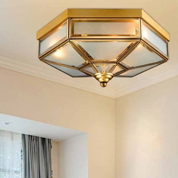Traditional European Polygonal All Copper Glass 3/4 Light Flush Mount Ceiling Light For Living Room - Image 2