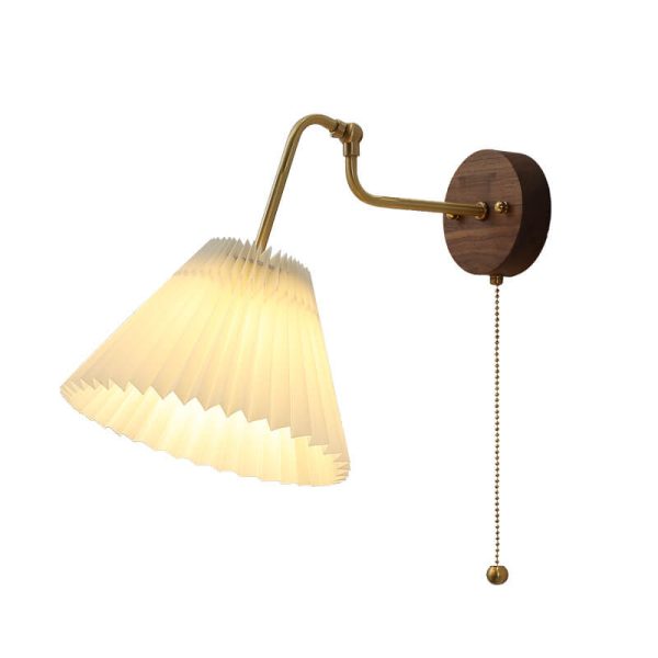 Nordic Vintage Walnut Brass Pleated Shade 1-Light Wall Sconce Lamp - Image 6
