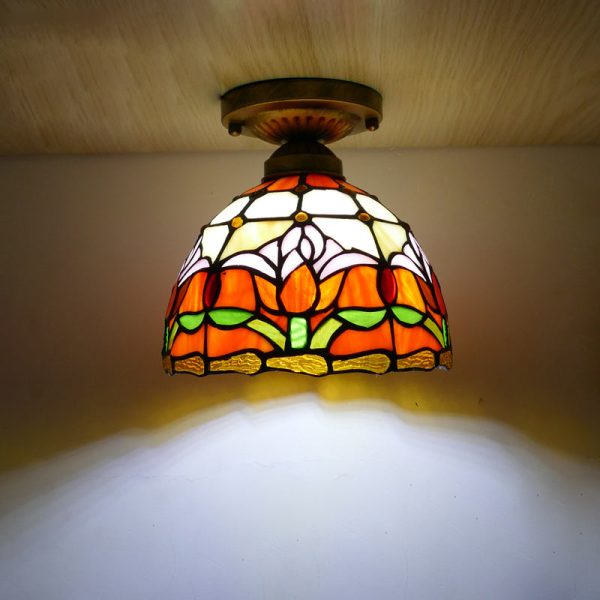 Traditional Tiffany Tulip Stained Glass Iron Dome 1-light Semi-Flush Mount Ceiling Light For Living Room - Image 3