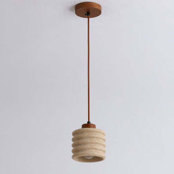 Japanese Wabi-Sabi Yellow Travertine Cylinder Lampshade Wood 1-Light Pendant Light - Image 8