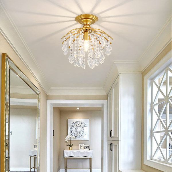 Scandinavian Modern Round Iron Crystal 1-Light Semi-Flush Mount Ceiling Light - Image 12