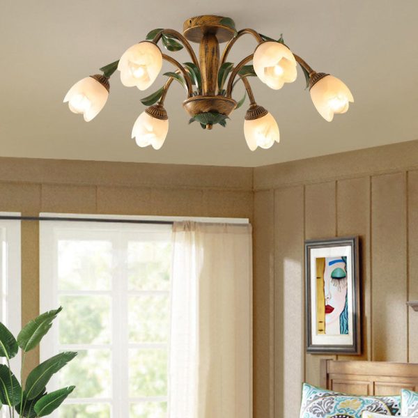 Traditional Rustic Floral Iron Glass 6/8/10 Light Semi-Flush Mount Ceiling Light For Living Room - Image 9