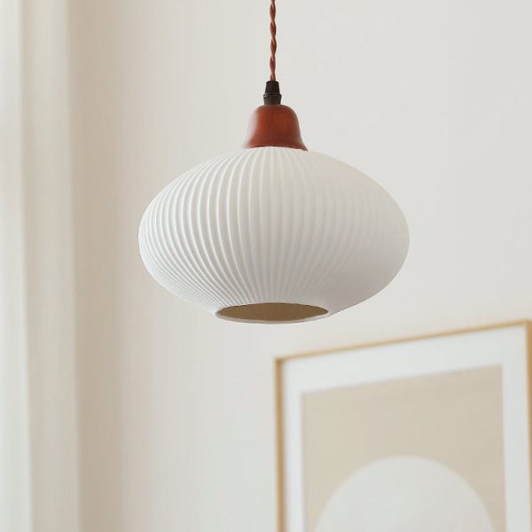 Japanese Vintage Pleated Ceramic Round Dome Wood 1-Light Pendant Light - Image 5