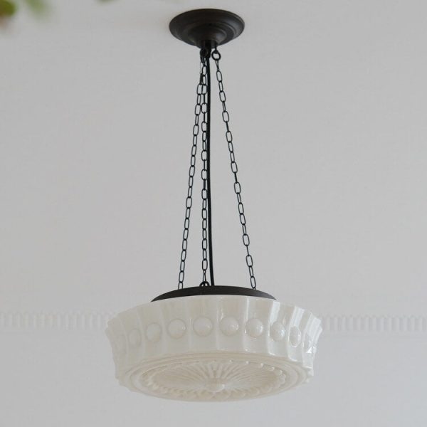 French Vintage White Jade Glass Stripes Round Drum LED Semi-Flush Mount Ceiling Light - Image 6