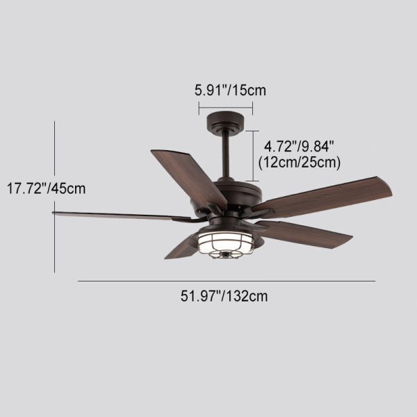 Contemporary Industrial Waterproof Wood Fan Blade Round Iron Frame Shade LED Downrods Ceiling Fan Light For Outdoor Patio - Image 6