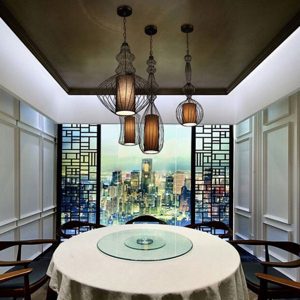 Contemporary Industrial Cage Iron Fabric 1-Light Pendant Light For Living Room - Image 13