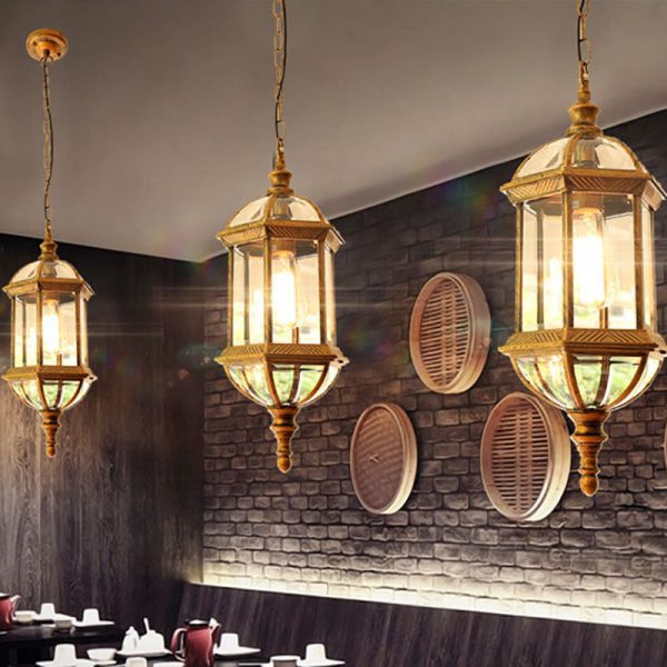 Contemporary Retro Hexagonal Lantern Glass Aluminum 1-Light Waterproof Pendant Light For Outdoor Patio - Image 3