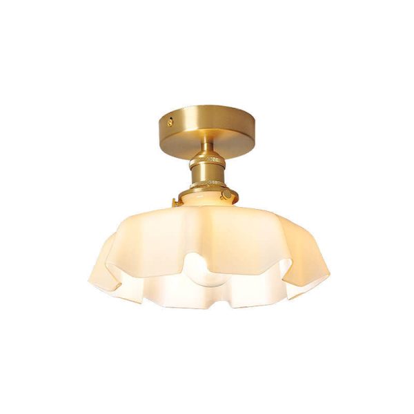Japanese Vintage Cream Glass Floral Brass 1-Light Semi-Flush Mount Ceiling Light - Image 7