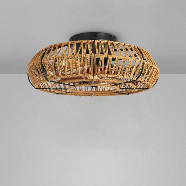 Traditional Rustic Round Drum Iron Hemp Rope 4-Light Semi-Flush Mount Ceiling Fan Light For Bedroom - Image 5