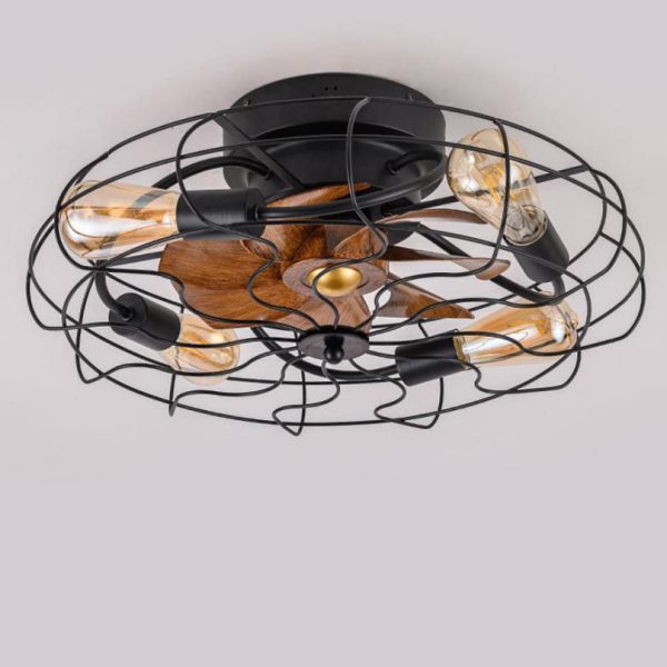 Industrial Vintage Wood Grain Drum Cage Design 3-Light Flush Mount Ceiling Fan Light - Image 5