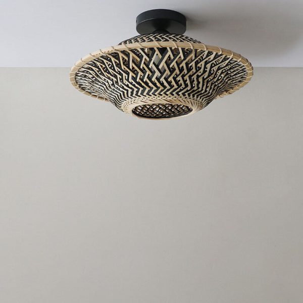 Chinese Zen Bamboo Weaving Flying Saucer Shape 1-Light Semi-Flush Mount Ceiling Light - Image 6