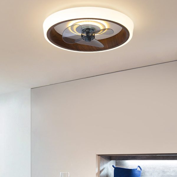 Modern Minimalist Round Wood Grain Aluminum Acrylic LED Flush Mount Ceiling Fan Light For Bedroom - Image 2