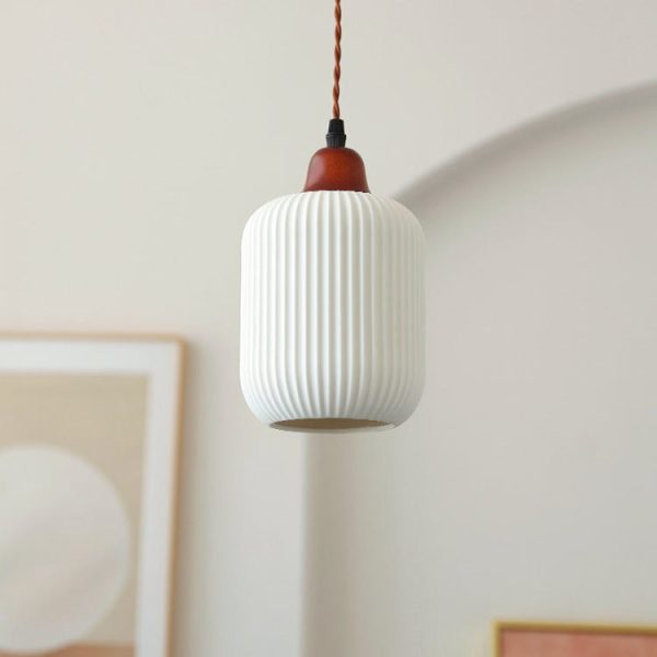 Japanese Vintage Pleated Ceramic Round Dome Wood 1-Light Pendant Light - Image 4