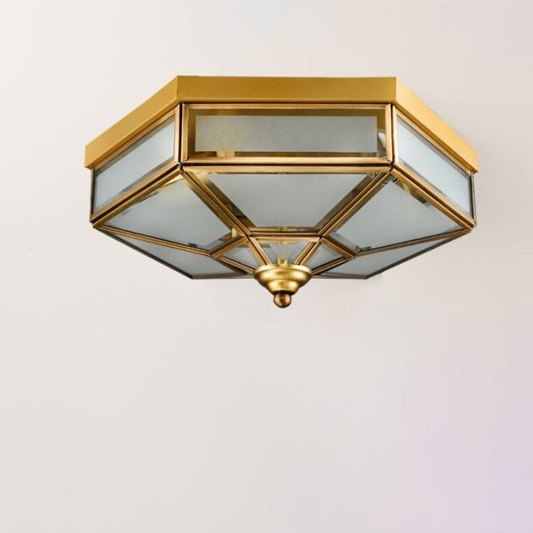 Traditional European Polygonal All Copper Glass 3/4 Light Flush Mount Ceiling Light For Living Room - Image 6