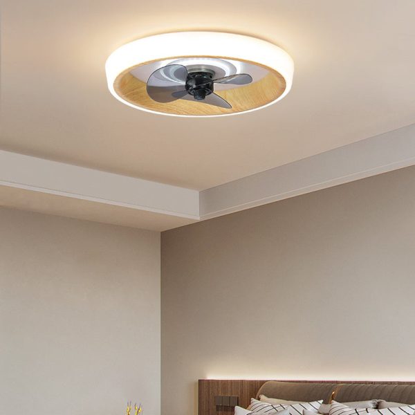 Modern Minimalist Round Wood Grain Aluminum Acrylic LED Flush Mount Ceiling Fan Light For Bedroom - Image 3