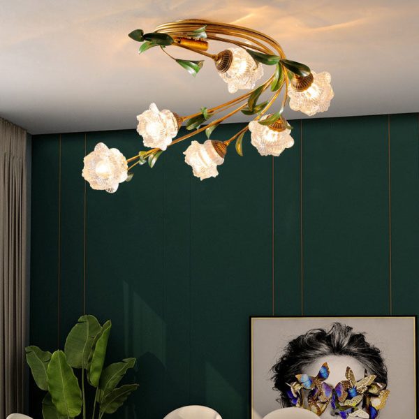 Traditional French Floral Iron Glass 6-Light Flush Mount Ceiling Light For Living Room - Image 2