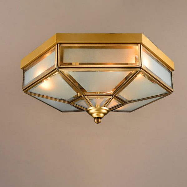 Traditional European Polygonal All Copper Glass 3/4 Light Flush Mount Ceiling Light For Living Room - Image 5