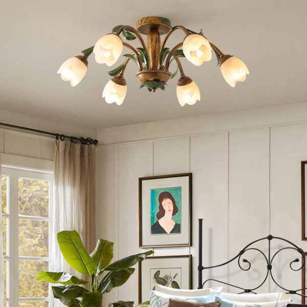 Traditional Rustic Floral Iron Glass 6/8/10 Light Semi-Flush Mount Ceiling Light For Living Room - Image 3