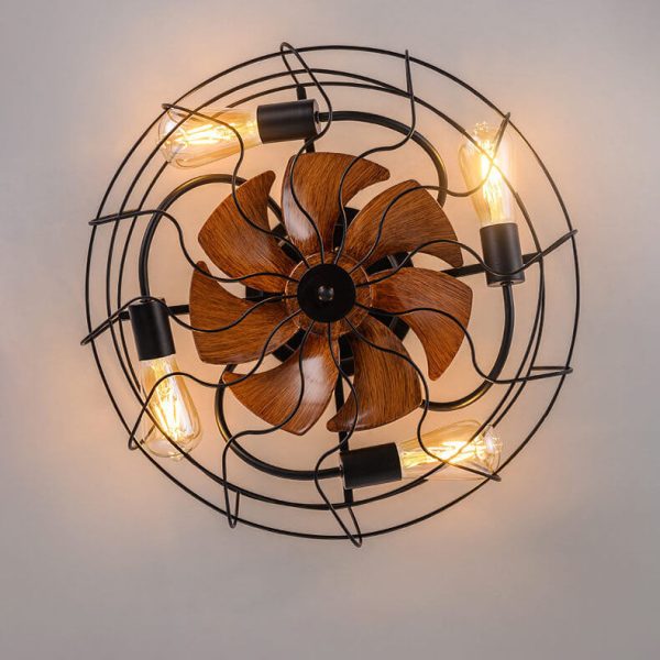 Industrial Vintage Wood Grain Drum Cage Design 3-Light Flush Mount Ceiling Fan Light - Image 6
