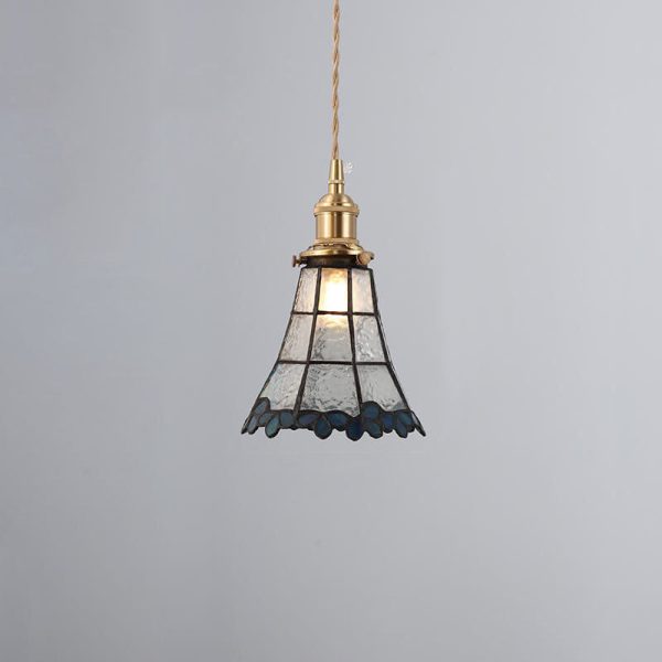 Japanese Vintage Brass Stained Glass Cone 1-Light Pendant Light - Image 2