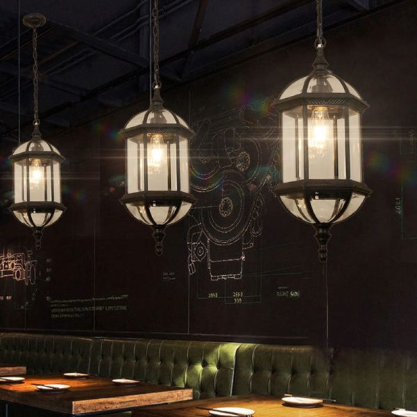 Contemporary Retro Hexagonal Lantern Glass Aluminum 1-Light Waterproof Pendant Light For Outdoor Patio - Image 4