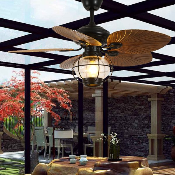 Traditional Rustic Lantern Banana Shaped Fan Leaf Iron Glass 1-Light Downrods Ceiling Fan Light For Outdoor Patio - Image 3