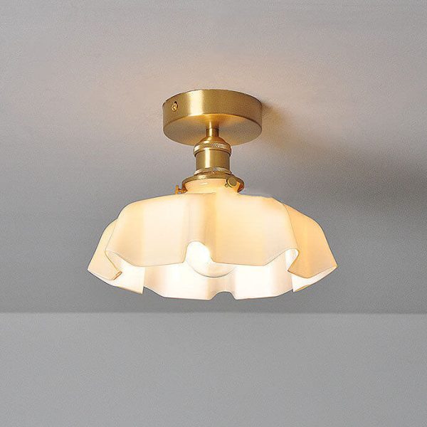 Japanese Vintage Cream Glass Floral Brass 1-Light Semi-Flush Mount Ceiling Light - Image 3