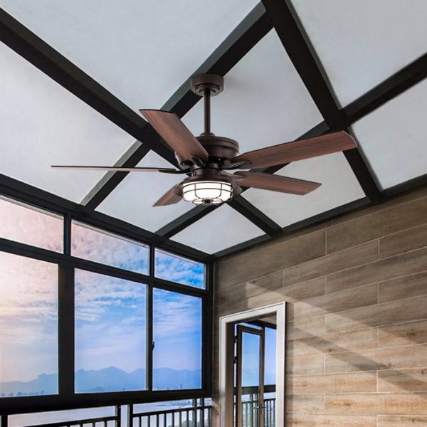 Contemporary Industrial Waterproof Wood Fan Blade Round Iron Frame Shade LED Downrods Ceiling Fan Light For Outdoor Patio - Image 2