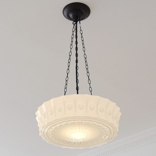 French Vintage White Jade Glass Stripes Round Drum LED Semi-Flush Mount Ceiling Light - Image 4