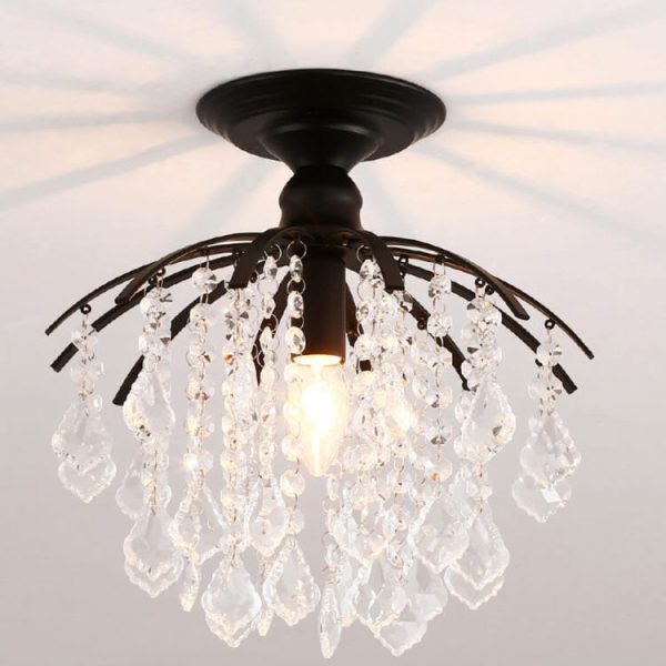 Scandinavian Modern Round Iron Crystal 1-Light Semi-Flush Mount Ceiling Light - Image 11