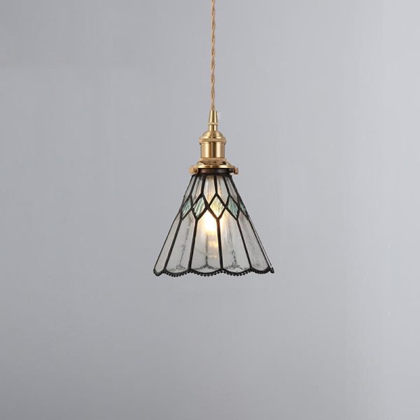 Japanese Vintage Brass Stained Glass Cone 1-Light Pendant Light - Image 3