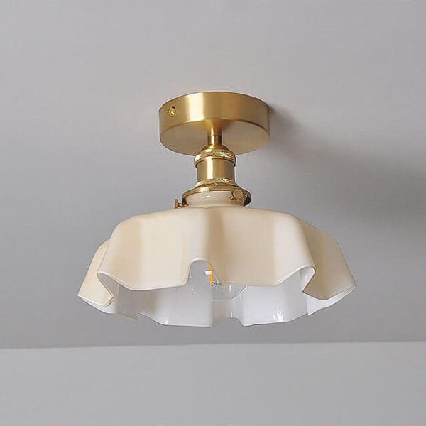 Japanese Vintage Cream Glass Floral Brass 1-Light Semi-Flush Mount Ceiling Light - Image 11