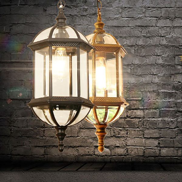 Contemporary Retro Hexagonal Lantern Glass Aluminum 1-Light Waterproof Pendant Light For Outdoor Patio - Image 19