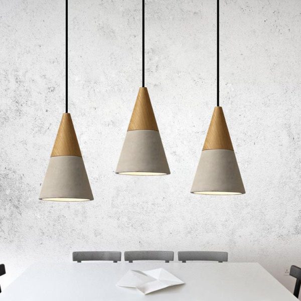 Contemporary Industrial Round Cone Triangle Cement Rubber Wood 1-Light Pendant Light For Living Room - Image 10