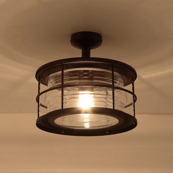 Industrial Vintage Glass Drum 1-Light Outdoor Semi-Flush Mount Ceiling Light - Image 3