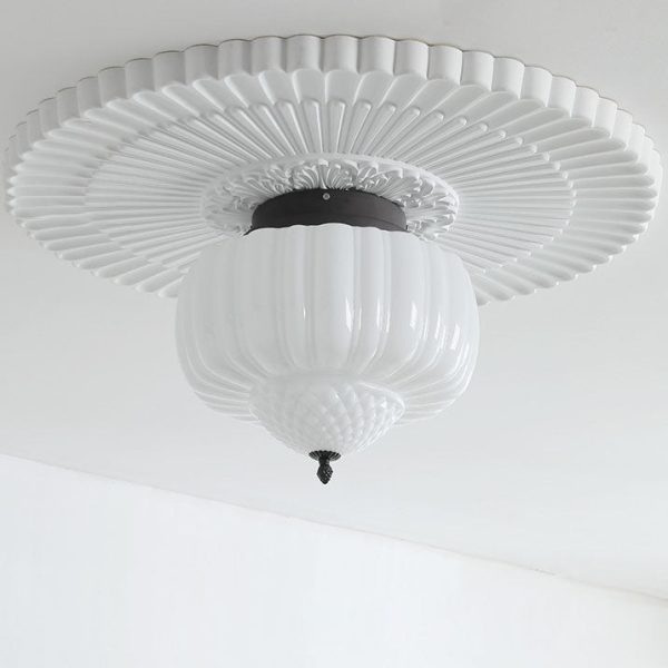 Modern Art Deco Iron Pumpkin Glass Shade 3-Light Flush Mount Ceiling Light For Living Room - Image 10