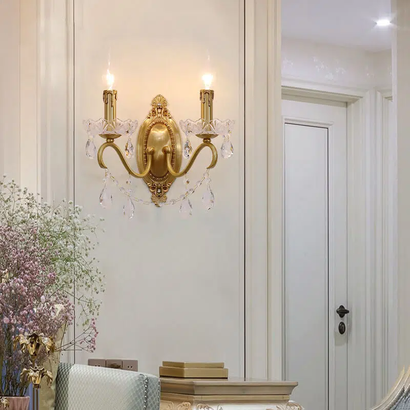 1-1-638db038-1180-4202-ac15-fd0d5a67ca57.jpg French Vintage Brass Crystal Candle Shade 1/2 Light Wall Sconce - Image 1