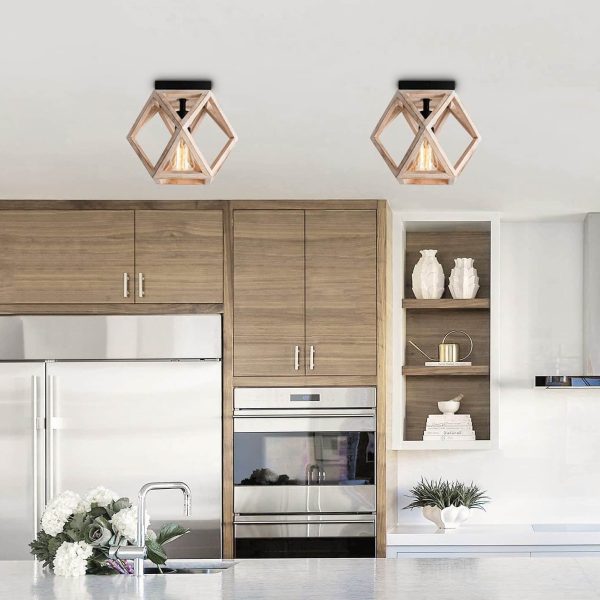 Vintage Aged Wooden Cage 1-Light Semi-Flush Mount Ceiling Light - Image 2