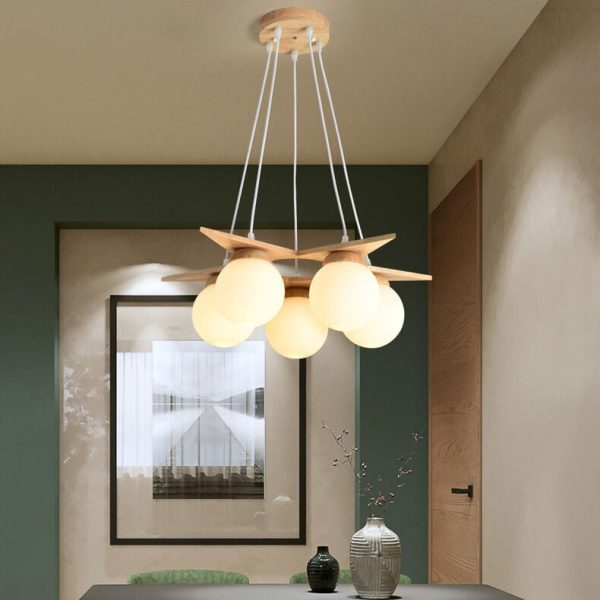 Modern Solid Wood Frosted Glass Ball 3/5 Light Chandelier - Image 2