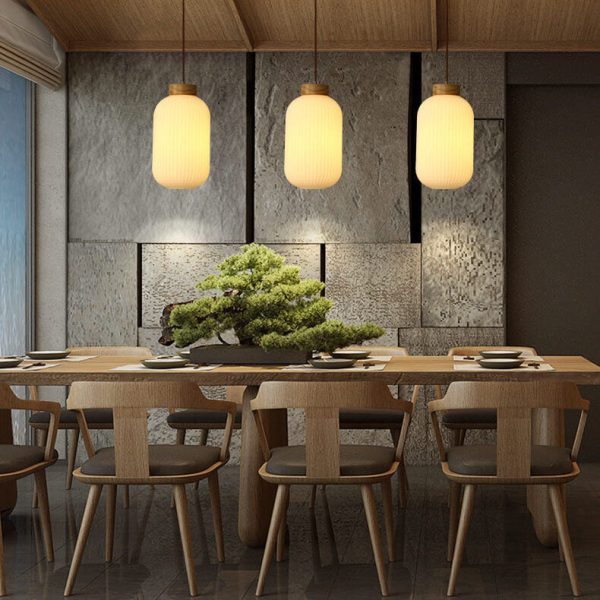 Retro White Striped Glass Jar 1-Light Japanese Pendant Light - Image 4