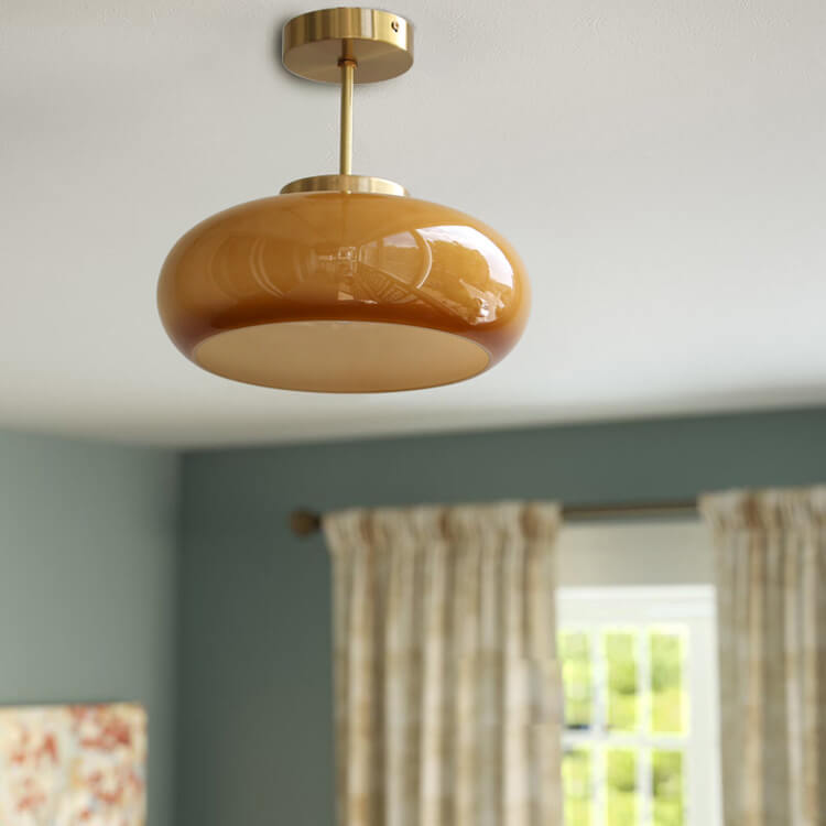 1-2-12aa7678-b019-4e37-ac27-8f611e4b1fa1.jpg Vintage Brass Yellow Glass 1-Light Semi-Flush Mount Ceiling Light - Image 1